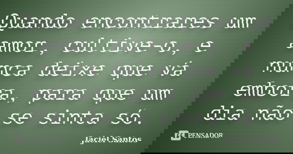 Quando encontrares um amor, cultive-o, e nunca deixe que vá embora, para que um dia não se sinta só.... Frase de Jaciel Santos.