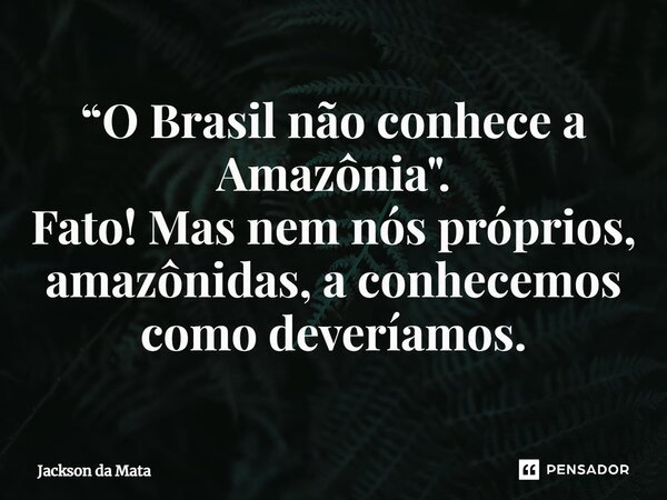 “O Brasil não conhece a Amazônia". Fato! Mas nem nós próprios, amazônidas, a conhecemos como deveríamos.... Frase de Jackson da Mata.