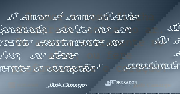 O amor é como flecha disparada, solta no ar. Ou acerta exatamente no alvo, ou fere profundamente o coração!... Frase de Jade Camargo.