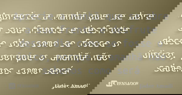 Aprecie a manhã que se abre a sua frente e desfrute desse dia como se fosse o único, porque o amanhã não sabemos como será... Frase de Jader Amadi.