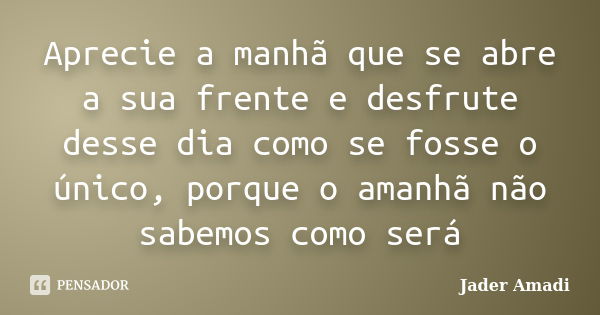 Aprecie a manhã que se abre a sua frente e desfrute desse dia como se fosse o único, porque o amanhã não sabemos como será... Frase de Jader Amadi.