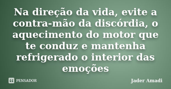 Na direção da vida, evite a contra-mão da discórdia, o aquecimento do motor que te conduz e mantenha refrigerado o interior das emoções... Frase de Jader Amadi.