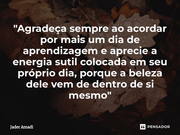 ⁠"Agradeça sempre ao acordar por mais um dia de aprendizagem e aprecie a energia sutil colocada em seu próprio dia, porque a beleza dele vem de dentro de s... Frase de Jader Amadi.