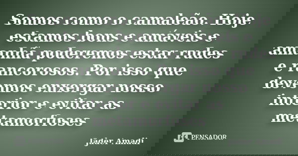 Somos como o camaleão. Hoje estamos bons e amáveis e amanhã poderemos estar rudes e rancorosos. Por isso que devemos enxergar nosso interior e evitar as metamor... Frase de Jader Amadi.