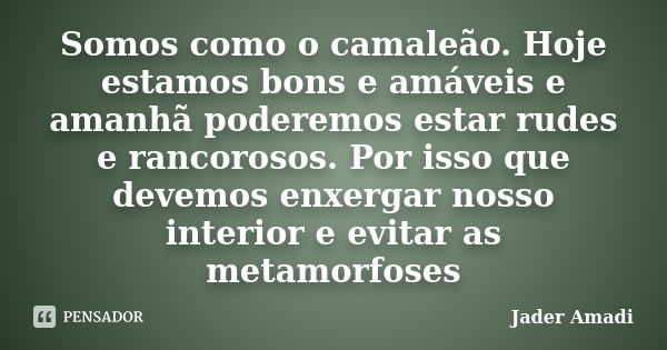 Somos como o camaleão. Hoje estamos bons e amáveis e amanhã poderemos estar rudes e rancorosos. Por isso que devemos enxergar nosso interior e evitar as metamor... Frase de Jader Amadi.