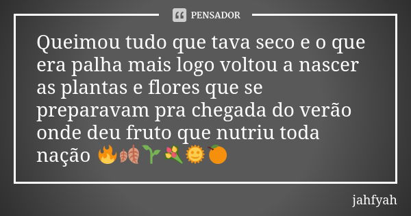 Queimou tudo que tava seco e o que era palha mais logo voltou a nascer as plantas e flores que se preparavam pra chegada do verão onde deu fruto que nutriu toda... Frase de jahfyah.