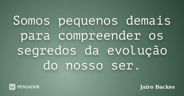 Somos pequenos demais para compreender os segredos da evolução do nosso ser.... Frase de Jairo Backes.