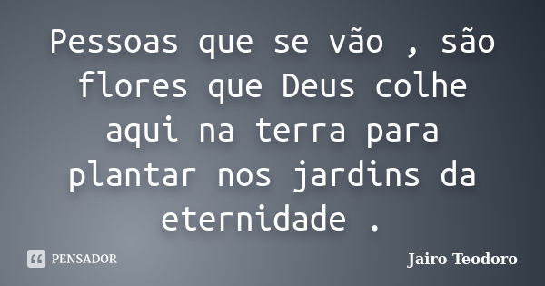 Pessoas que se vão , são flores que Deus colhe aqui na terra para plantar nos jardins da eternidade .... Frase de Jairo Teodoro.