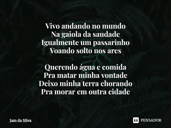 ⁠Vivo andando no mundo
Na gaiola da saudade
Igualmente um passarinho
Voando solto nos ares Querendo água e comida
Pra matar minha vontade
Deixo minha terra chor... Frase de Jam da Silva.