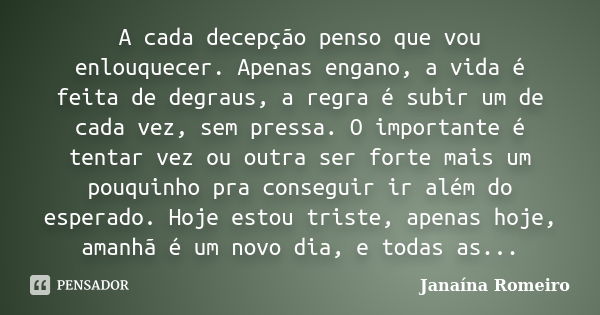 A cada decepção penso que vou enlouquecer. Apenas engano, a vida é feita de degraus, a regra é subir um de cada vez, sem pressa. O importante é tentar vez ou ou... Frase de Janaína Romeiro.