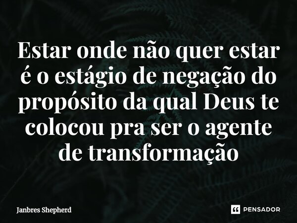 ⁠Estar onde não quer estar é o estágio de negação do propósito da qual Deus te colocou pra ser o agente de transformação... Frase de Janbres Shepherd.
