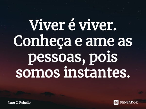 ⁠Viver é viver.
Conheça e ame as pessoas, pois somos instantes.... Frase de Jane C. Rebello.