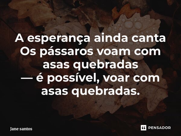 ⁠A esperança ainda canta Os pássaros voam com asas quebradas — é possível, voar com asas quebradas.... Frase de jane santos.