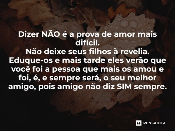 ⁠Dizer NÃO é a prova de amor mais difícil. Não deixe seus filhos à revelia. Eduque-os e mais tarde eles verão que você foi a pessoa que mais os amou e foi, é, e... Frase de Jane Silva.