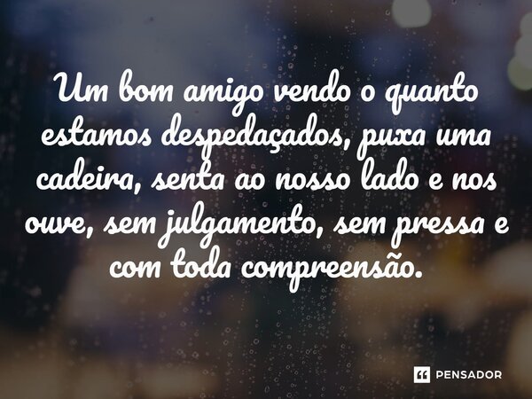 ⁠Um bom amigo vendo o quanto estamos despedaçados, puxa uma cadeira, senta ao nosso lado e nos ouve, sem julgamento, sem pressa e com toda compreensão.... Frase de Jane Silva.