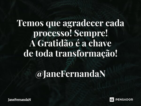 ⁠Temos que agradecercada processo! Sempre! A Gratidão é a chave de toda transformação! @JaneFernandaN... Frase de JaneFernandaN.