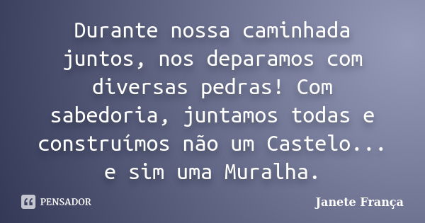 Durante nossa caminhada juntos, nos deparamos com diversas pedras! Com sabedoria, juntamos todas e construímos não um Castelo... e sim uma Muralha.... Frase de Janete França.