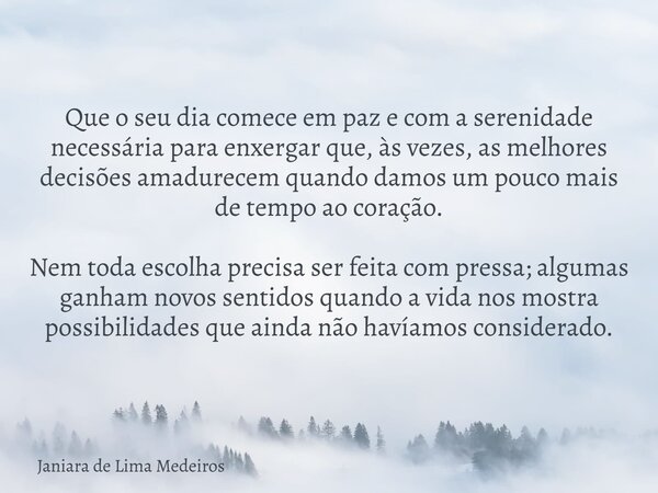Que o seu dia comece em paz e com a serenidade necessária para enxergar que, às vezes, as melhores decisões amadurecem quando damos um pouco mais de tempo ao co... Frase de Janiara de Lima Medeiros.