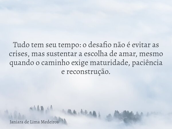 Tudo tem seu tempo: o desafio não é evitar as crises, mas sustentar a escolha de amar, mesmo quando o caminho exige maturidade, paciência e reconstrução.... Frase de Janiara de Lima Medeiros.