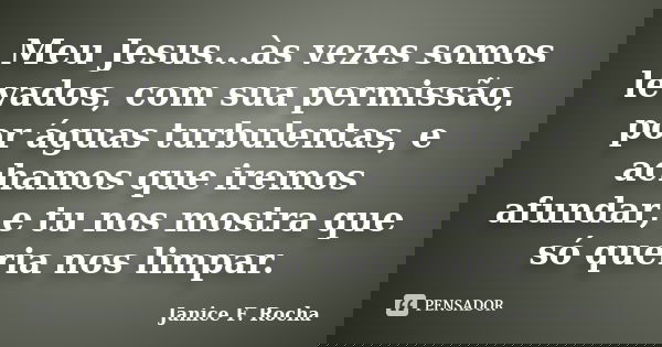 Meu Jesus...às vezes somos levados, com sua permissão, por águas turbulentas, e achamos que iremos afundar, e tu nos mostra que só queria nos limpar.... Frase de Janice F Rocha.