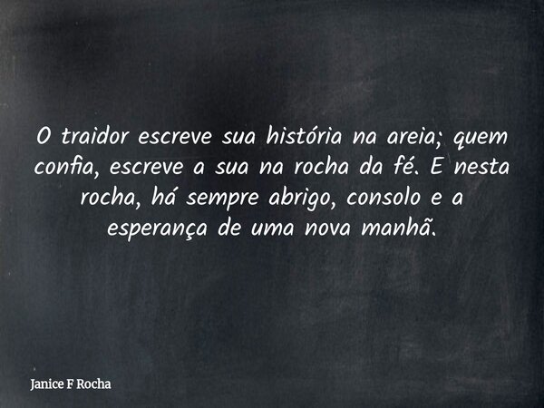 O traidor escreve sua história na areia; quem confia, escreve a sua na rocha da fé. E nesta rocha, há sempre abrigo, consolo e a esperança de uma nova manhã.... Frase de Janice F Rocha.
