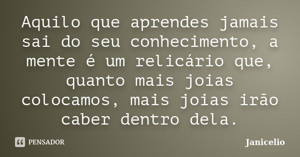 Aquilo que aprendes jamais sai do seu conhecimento, a mente é um relicário que, quanto mais joias colocamos, mais joias irão caber dentro dela.... Frase de janicelio.