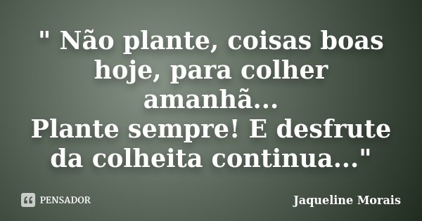 " Não plante, coisas boas hoje, para colher amanhã... Plante sempre! E desfrute da colheita continua..."... Frase de Jaqueline Morais.