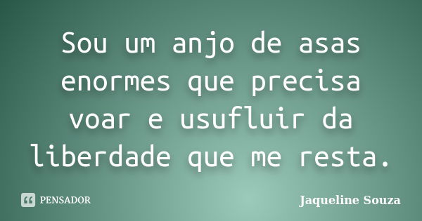 Sou um anjo de asas enormes que precisa voar e usufluir da liberdade que me resta.... Frase de Jaqueline Souza.