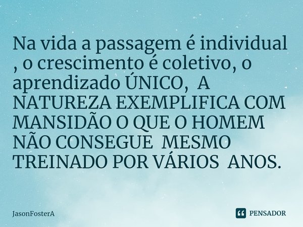 ⁠Na vida a passagem é individual , o crescimento é coletivo, o aprendizado ÚNICO, A NATUREZA EXEMPLIFICA COM MANSIDÃO O QUE O HOMEM NÃO CONSEGUE MESMO TREINADO ... Frase de JasonFosterA.