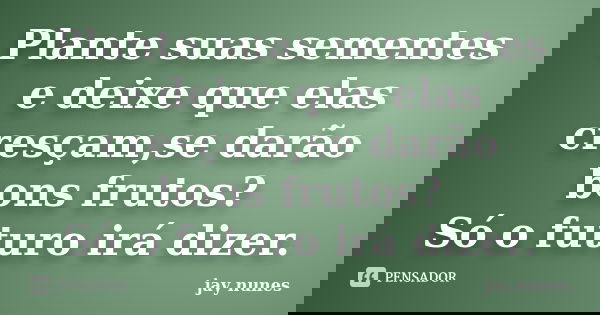 Plante suas sementes e deixe que elas cresçam,se darão bons frutos? Só o futuro irá dizer.... Frase de Jay Nunes.