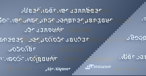 Você não me conhece Mas me ama pra sempre porque te convém Desaparece, se pinta outro atalho Não sou mais ninguém... Frase de Jay Vaquer.