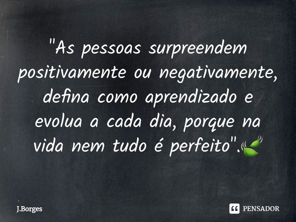 ⁠"As pessoas surpreendem positivamente ou negativamente, defina como aprendizado e evolua a cada dia, porque na vida nem tudo é perfeito".🍃... Frase de J.Borges.