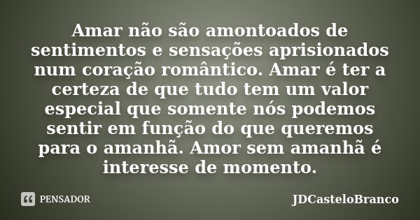 Amar não são amontoados de sentimentos e sensações aprisionados num coração romântico. Amar é ter a certeza de que tudo tem um valor especial que somente nós po... Frase de JDCasteloBranco.