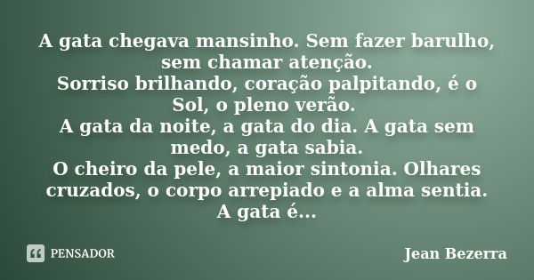 A gata chegava mansinho. Sem fazer barulho, sem chamar atenção. Sorriso brilhando, coração palpitando, é o Sol, o pleno verão. A gata da noite, a gata do dia. A... Frase de Jean Bezerra.