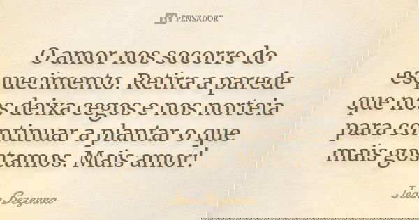 O amor nos socorre do esquecimento. Retira a parede que nos deixa cegos e nos norteia para continuar a plantar o que mais gostamos. Mais amor!... Frase de Jean Bezerra.