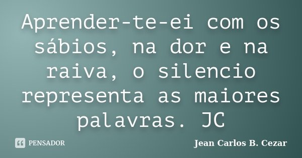 Aprender-te-ei com os sábios, na dor e na raiva, o silencio representa as maiores palavras. JC... Frase de Jean Carlos B. Cezar.