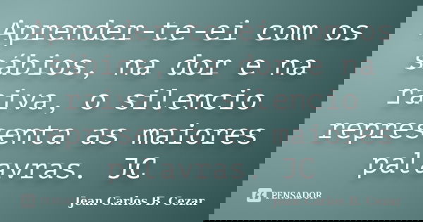 Aprender-te-ei com os sábios, na dor e na raiva, o silencio representa as maiores palavras. JC... Frase de Jean Carlos B. Cezar.
