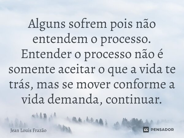 Alguns sofrem pois não entendem o processo. Entender o processo não é somente aceitar o que a vida ⁠te trás, mas se mover conforme a vida demanda, continuar.... Frase de Jean Louis Frazão.