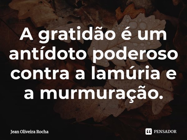 ⁠A gratidão é um antídoto poderoso contra a lamúria e a murmuração.... Frase de Jean Oliveira Rocha.