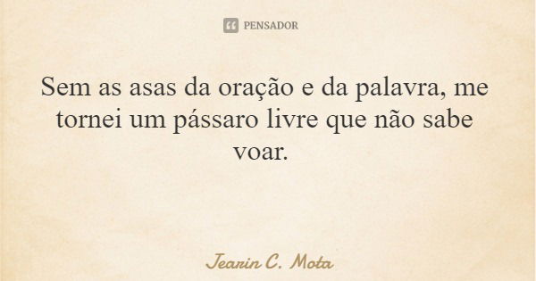 Sem as asas da oração e da palavra, me tornei um pássaro livre que não sabe voar.... Frase de Jearin C. Mota.