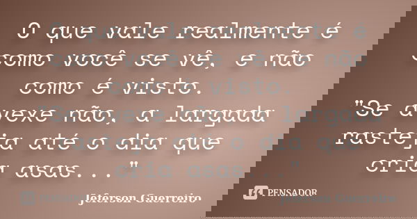 O que vale realmente é como você se vê, e não como é visto. "Se avexe não, a largada rasteja até o dia que cria asas..."... Frase de Jeferson Guerreiro.