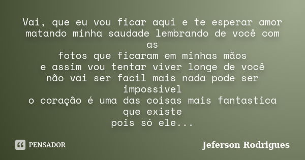 Vai, que eu vou ficar aqui e te esperar amor matando minha saudade lembrando de você com as fotos que ficaram em minhas mãos e assim vou tentar viver longe de v... Frase de Jeferson Rodrigues.