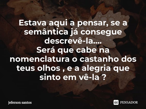 ⁠Estava aqui a pensar, se a semântica já consegue descrevê-la....
Será que cabe na nomenclatura o castanho dos teus olhos , e a alegria que sinto em vê-la ?... Frase de jeferson santos.