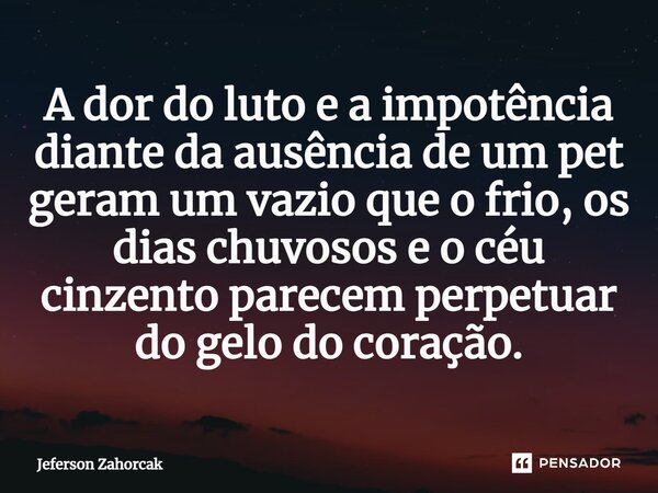 ⁠A dor do luto e a impotência diante da ausência de um pet geram um vazio que o frio, os dias chuvosos e o céu cinzento parecem perpetuar do gelo do coração.... Frase de Jeferson Zahorcak.