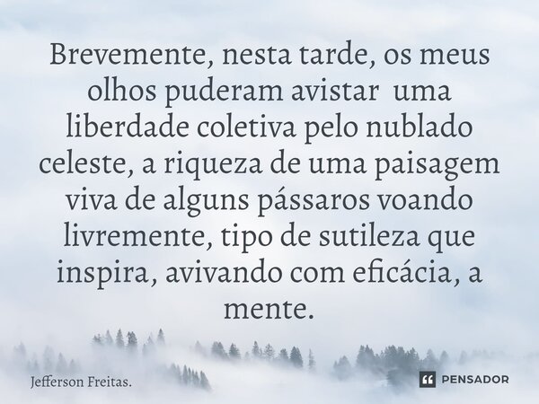 ⁠Brevemente, nesta tarde, os meus olhos puderam avistar uma liberdade coletiva pelo nublado celeste, a riqueza de uma paisagem viva de alguns pássaros voando li... Frase de Jefferson Freitas..