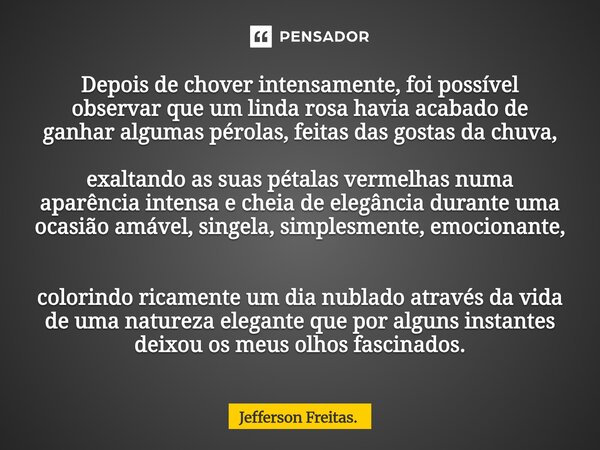 ⁠Depois de chover intensamente, foi possível observar que um linda rosa havia acabado de ganhar algumas pérolas, feitas das gostas da chuva, exaltando as suas p... Frase de Jefferson Freitas..