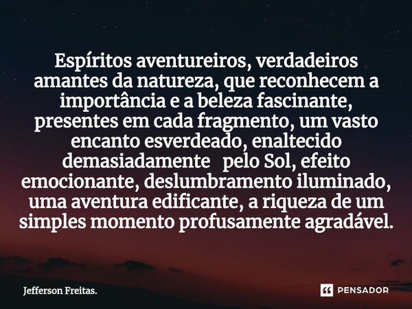 ⁠Espíritos aventureiros, verdadeiros amantes da natureza, que reconhecem a importância e a beleza fascinante, presentes em cada fragmento, um vasto encanto esve... Frase de Jefferson Freitas..