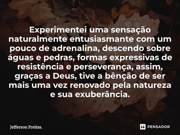 ⁠Experimentei uma sensação naturalmente entusiasmante com um pouco de adrenalina, descendo sobre águas e pedras, formas expressivas de resistência e perseveranç... Frase de Jefferson Freitas..