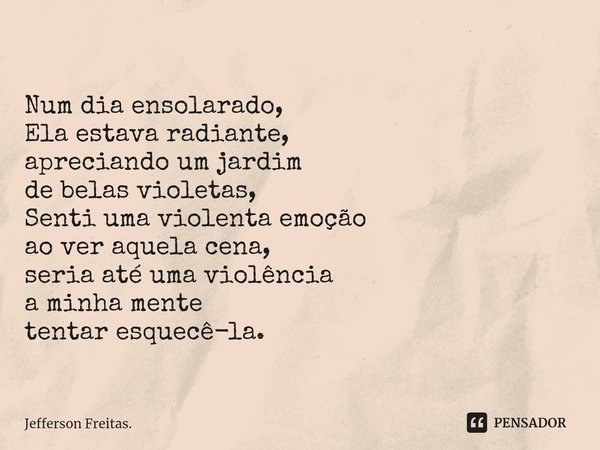 Num dia ensolarado,
Ela estava radiante,
apreciando um jardim
de belas violetas,
Senti uma violenta emoção
ao ver aquela cena,
seria até uma violência
a minha m... Frase de Jefferson Freitas..