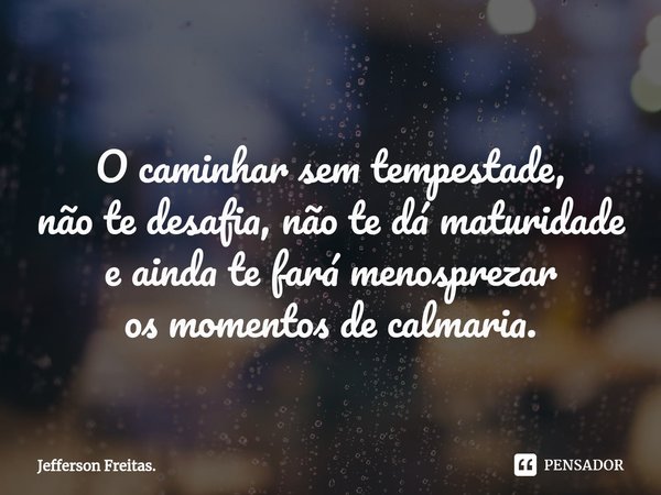 ⁠⁠
O caminhar sem tempestade,
não te desafia, não te dá maturidade
e ainda te fará menosprezar
os momentos de calmaria.... Frase de Jefferson Freitas..